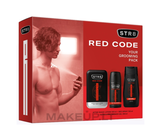 STR8 RED CODE rinkinys: losjonas po skutimosi 100ml + purškiamas dezodorantas 150ml + dušo gelis